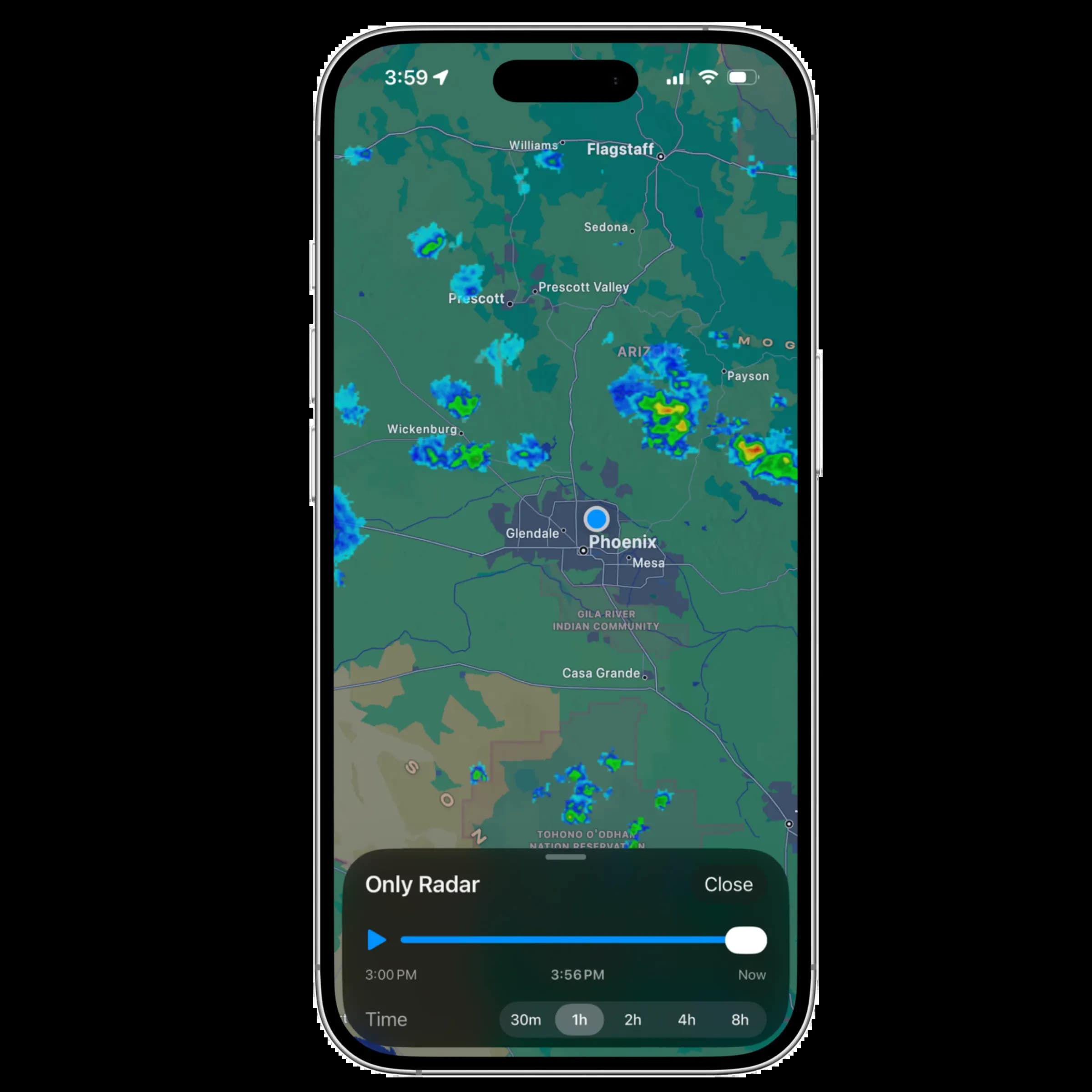 Only Radar playback panel showing a radar timeline from 3:00 PM to now